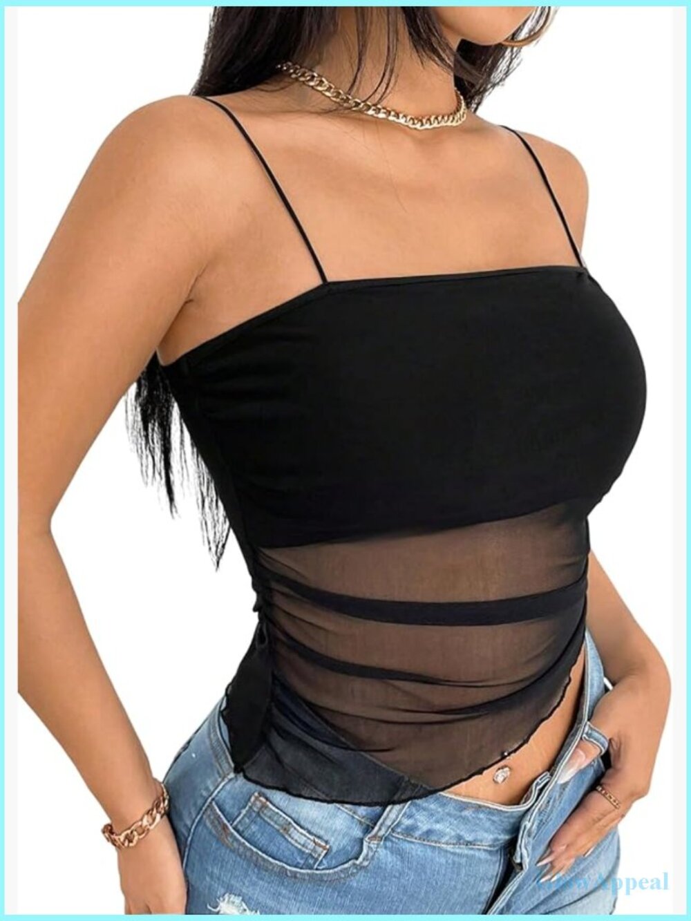Sheer Mesh Cami Top Spaghetti Strap Ruched Asymmetrical Crop Top Y2K Club